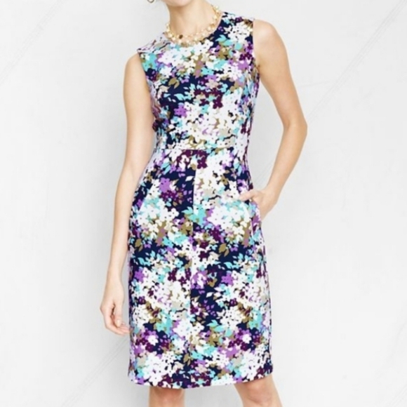 Lands' End Multicolor Purple Floral Dress Sleeveless 8 Petite Stretch Sheath EUC - Picture 1 of 13
